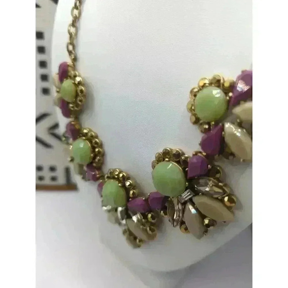 J Crew Gold Chain Necklace Multicolored Crystal Beads Floral Design Statement - Picture 2 of 7